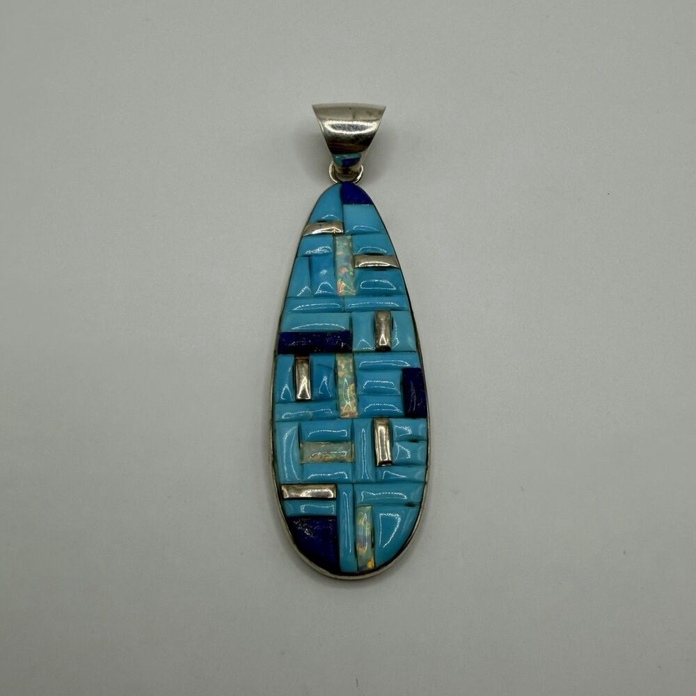 Sterling Silver Turquoise Opal Lapis Inlay Pendant 2.2" Southwestern 6.7g